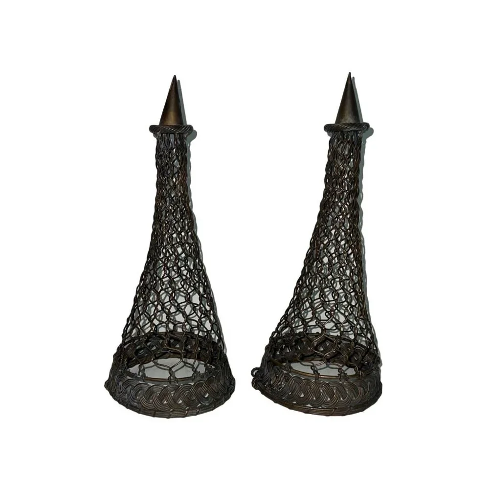 A Pair of Vintage Woven French Brass Wire Topiary/Wall Pockets Hanging Vase